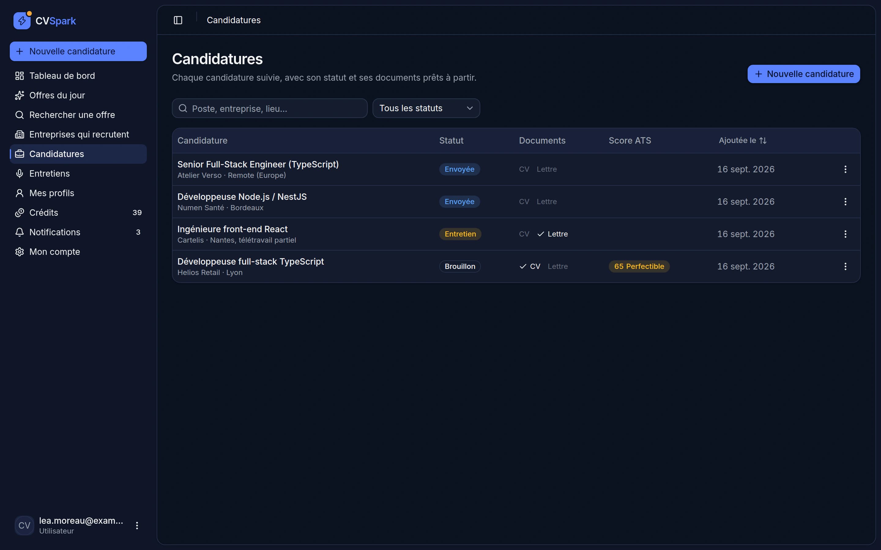 Liste des candidatures avec leurs statuts
