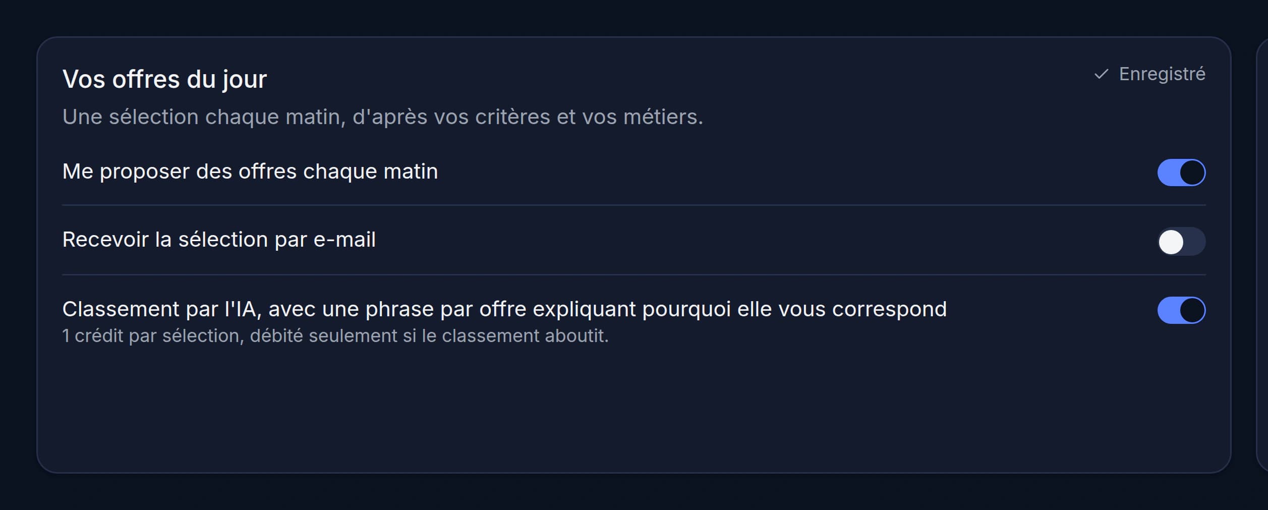 Réglages des alertes de recherche avec l'e-mail du matin et l'interrupteur du classement IA