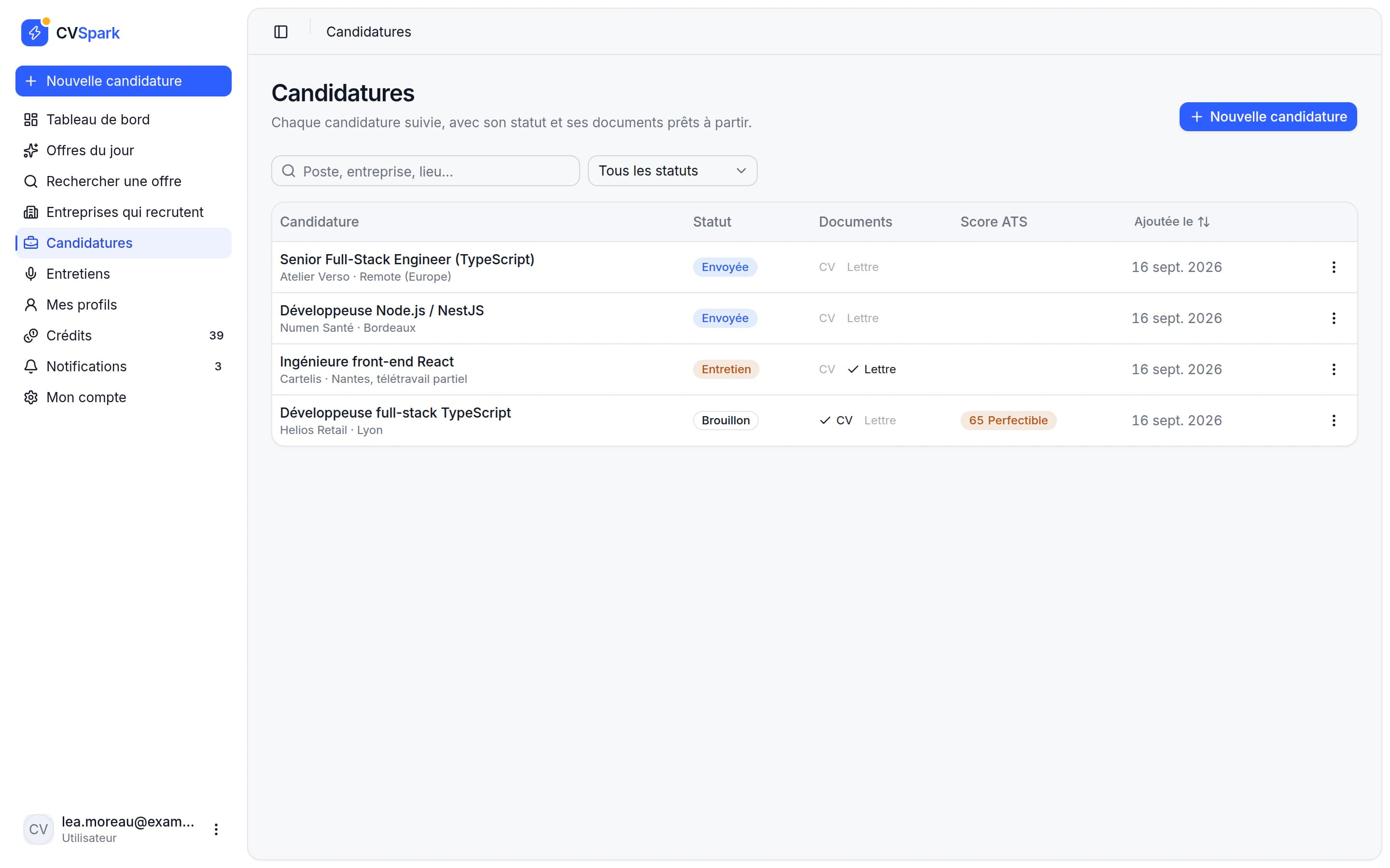 Liste des candidatures avec leurs statuts