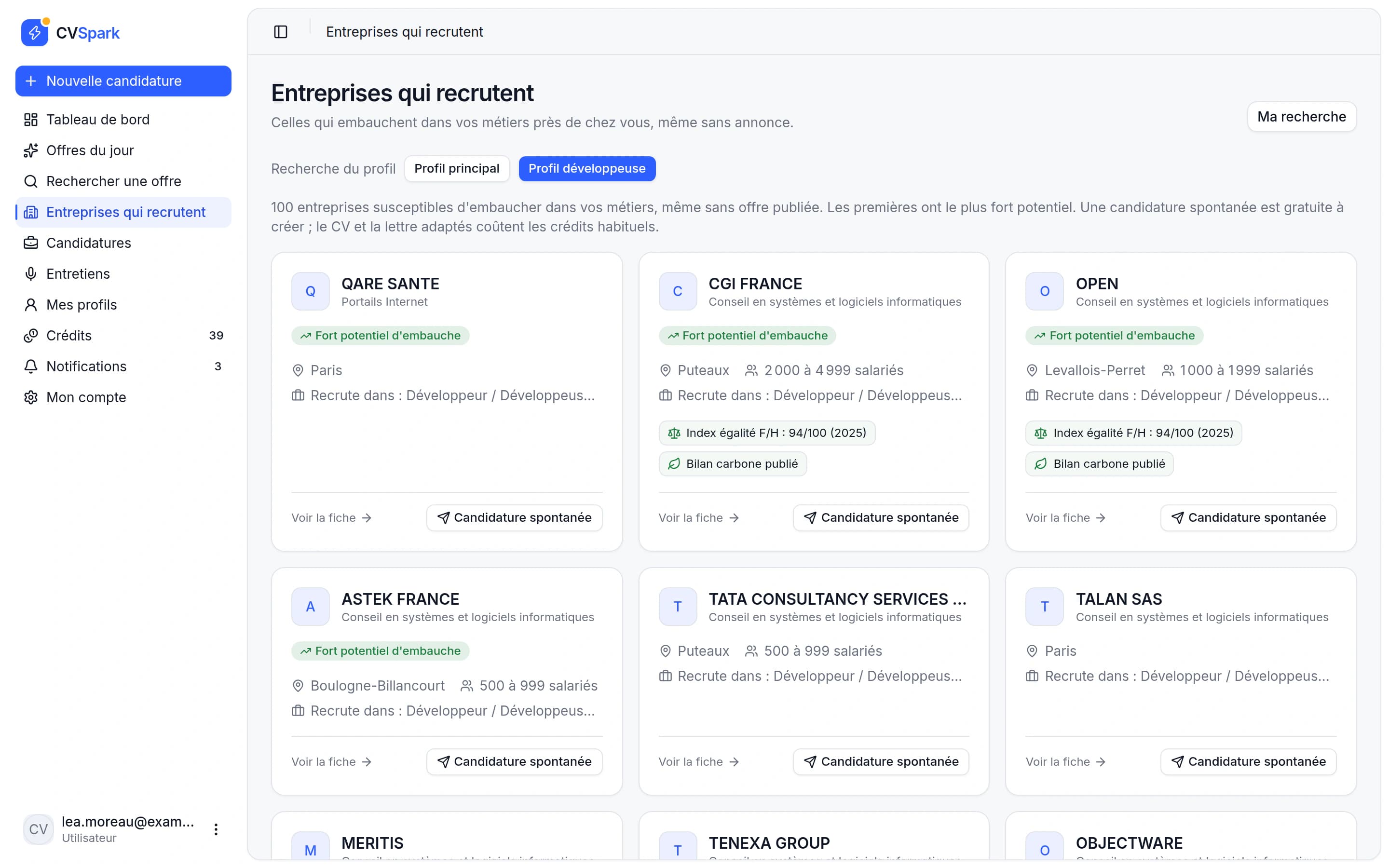 Liste des entreprises qui recrutent dans Jobspark avec potentiel d'embauche, taille et distance