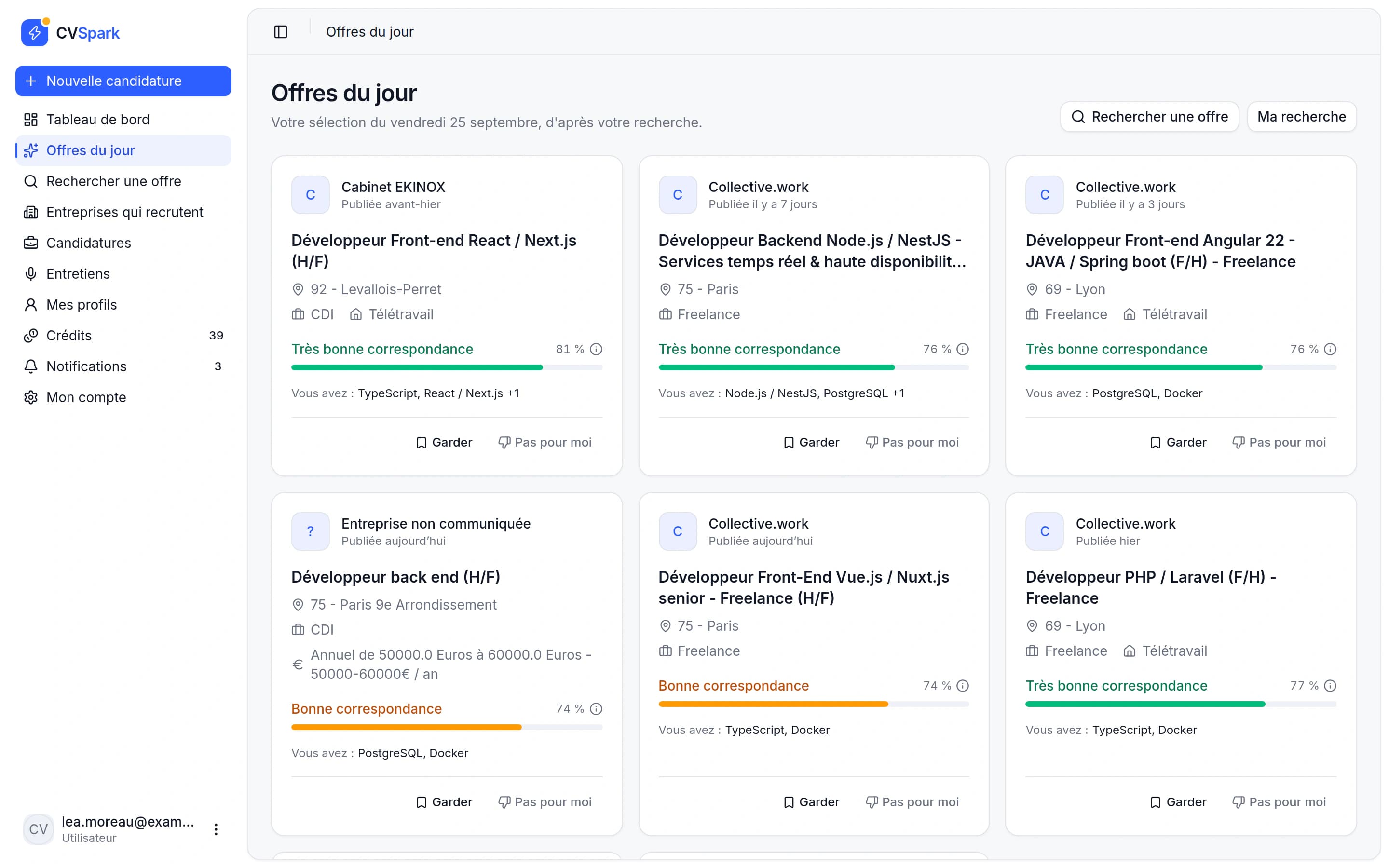 Offres du jour dans Jobspark : offres classées pour le profil, avec score de correspondance